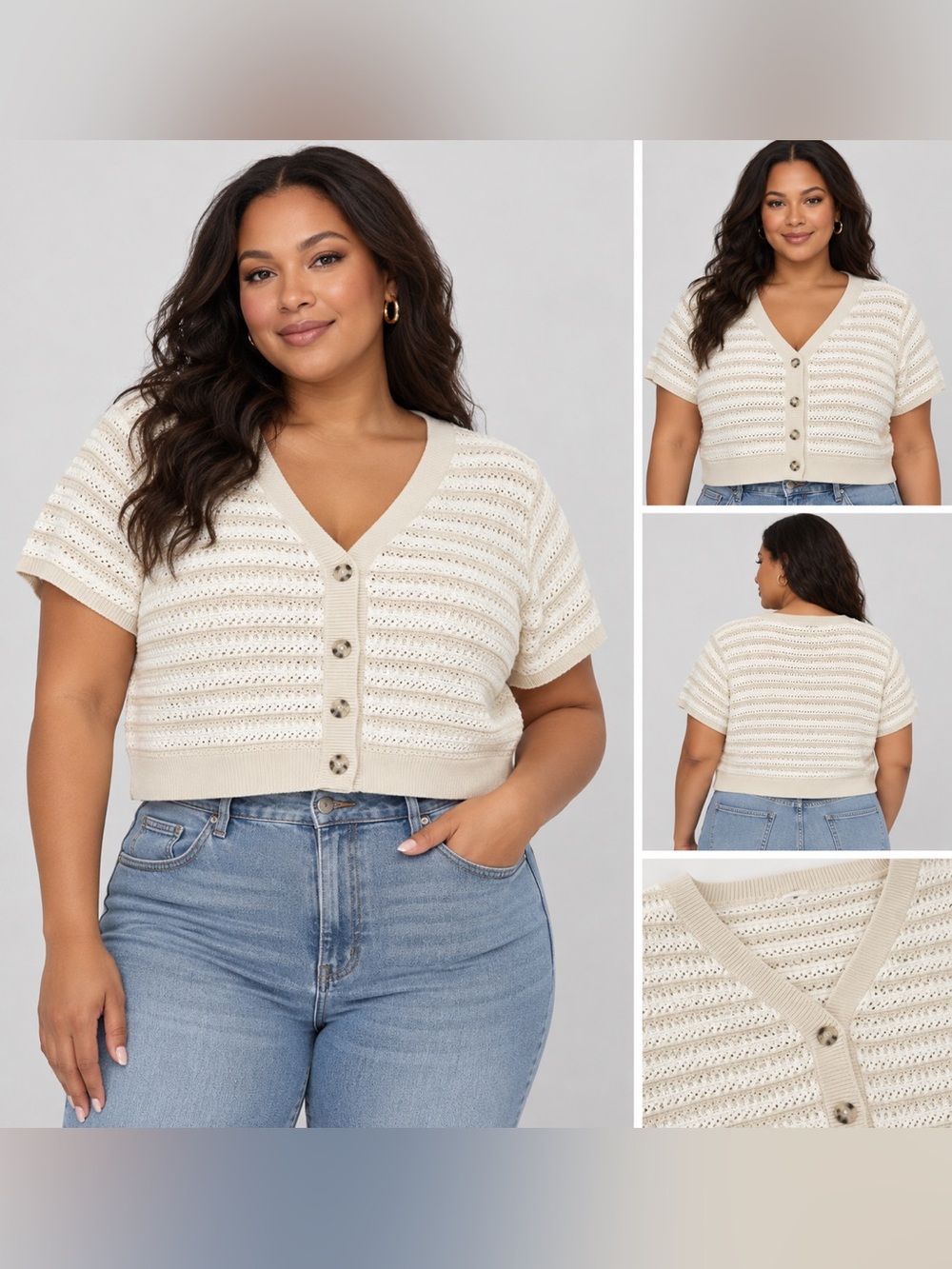 Universal Thread Cream Crochet-Style V-Neck Button Cardigan